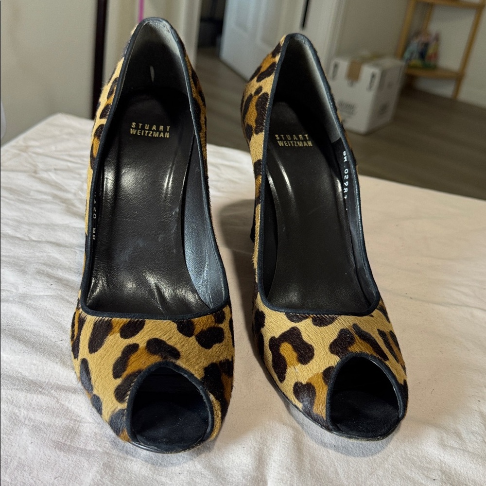 Stuart Weitzman Leopard Calf Hair Peep Toe Wedge Pumps Size 11 M - Picture 10 of 11